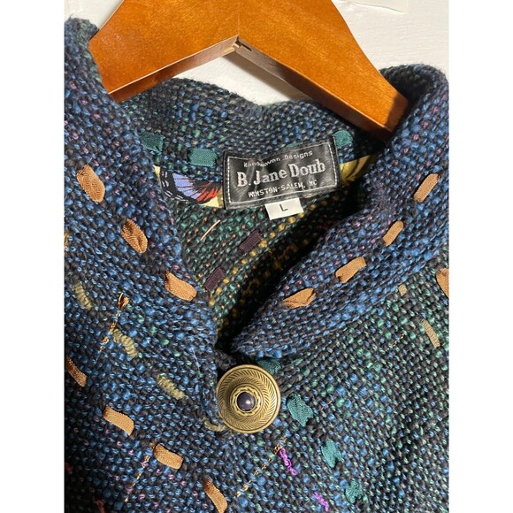 B. Jane Doub Handwoven Jacket Large Multicolor Art to Wear Fiber Knit Button - Picture 4 of 15